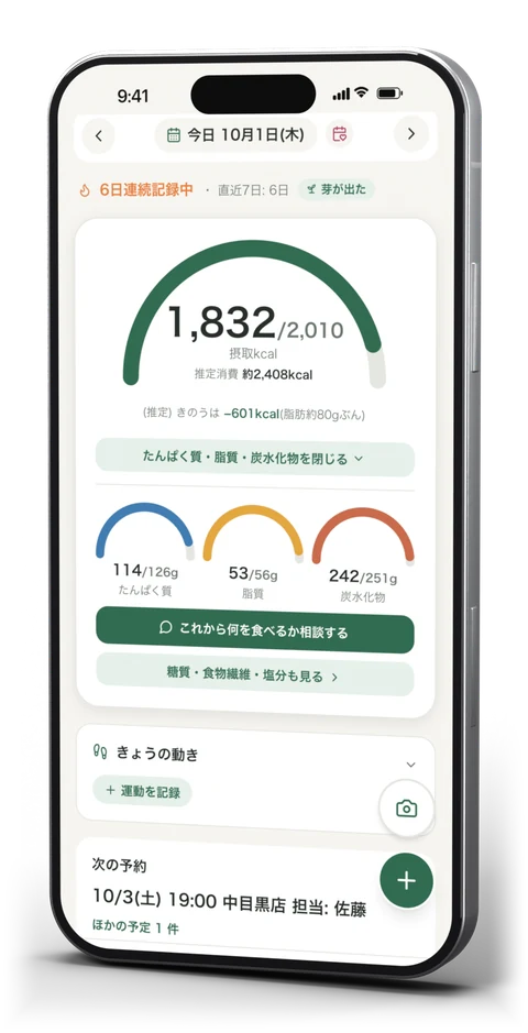同じ日の合計画面。摂取1,832kcal、目標2,010kcal、たんぱく質・脂質・炭水化物のグラム数が並ぶ表示例